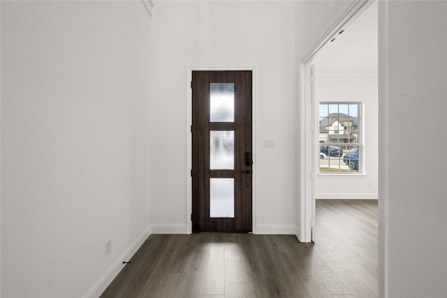 foyer with dark hardwood / wood-style floors and crown molding