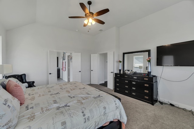 bedroom featuring carpet floors, ceiling fan, and high vaulted ceiling