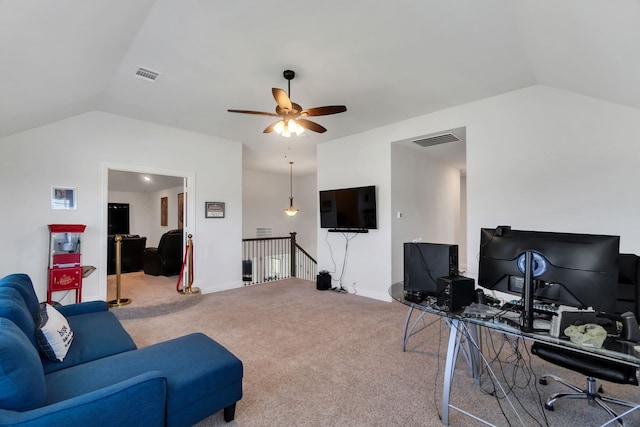 interior space with ceiling fan and lofted ceiling