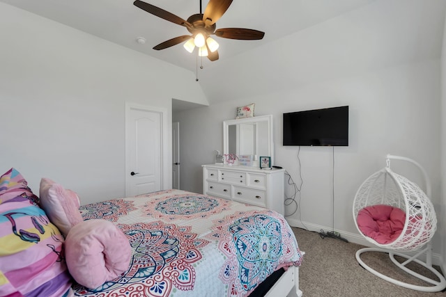 carpeted bedroom with ceiling fan and lofted ceiling