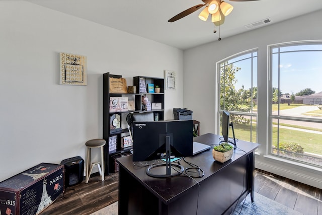 office featuring a wealth of natural light, ceiling fan, and hardwood / wood-style floors