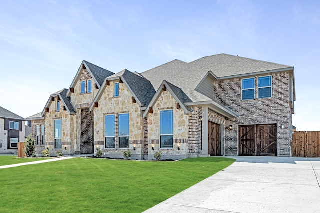 view of front of property with driveway, stone siding, a front lawn, and brick siding