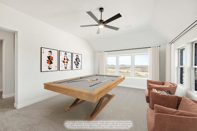 recreation room featuring billiards, visible vents, baseboards, carpet, and vaulted ceiling