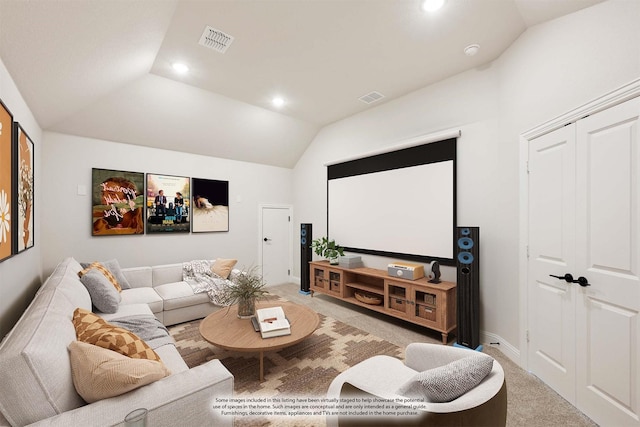 cinema featuring lofted ceiling, recessed lighting, visible vents, light carpet, and baseboards