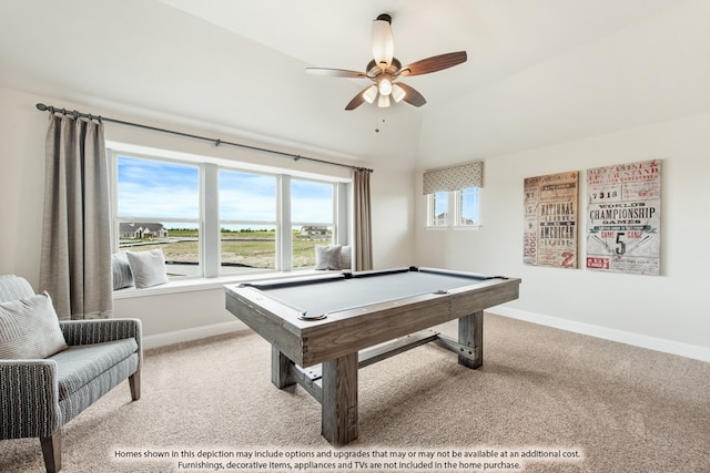 recreation room featuring billiards, ceiling fan, vaulted ceiling, and carpet