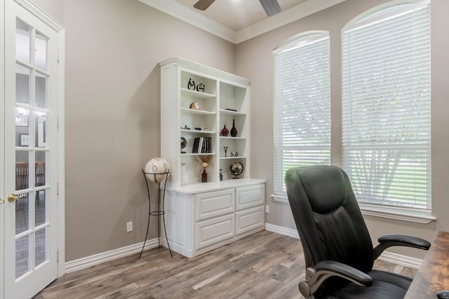 living room featuring crown molding and light hardwood / wood-style floors