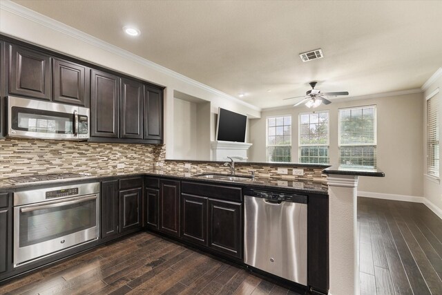 kitchen with ceiling fan, dark hardwood / wood-style floors, tasteful backsplash, appliances with stainless steel finishes, and sink