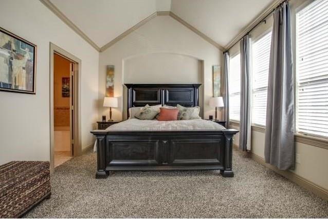 bedroom featuring carpet floors and vaulted ceiling