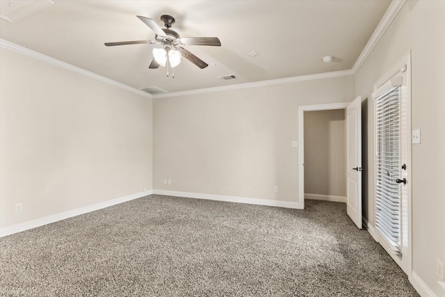 unfurnished room with ceiling fan, carpet, and ornamental molding