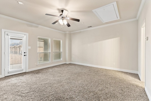 unfurnished room with ceiling fan, crown molding, plenty of natural light, and carpet flooring