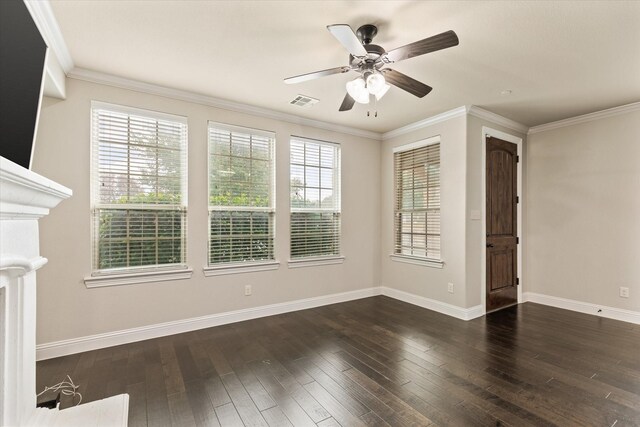 unfurnished living room with ceiling fan, crown molding, and dark hardwood / wood-style flooring