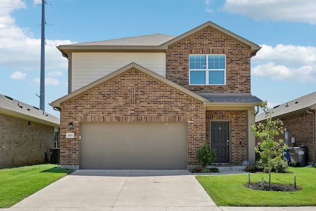 view of property with a garage, a front lawn, and cooling unit