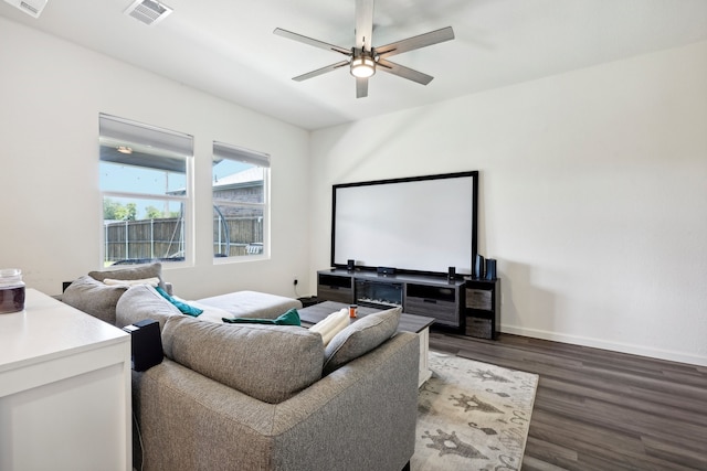 interior space featuring dark hardwood / wood-style flooring and ceiling fan