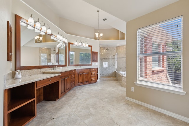 bathroom with a chandelier, vanity, separate shower and tub, and tile patterned flooring