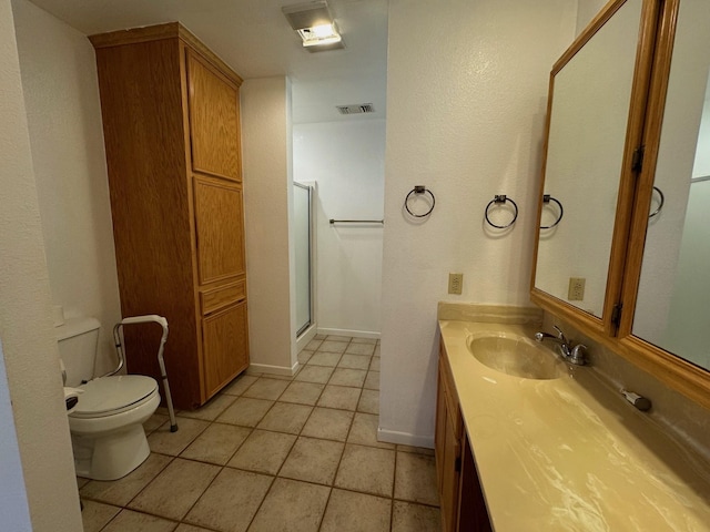 bathroom featuring visible vents, toilet, vanity, a shower stall, and tile patterned floors