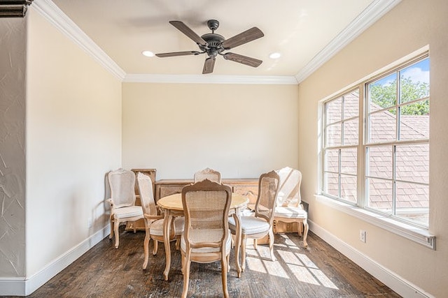 dining room with crown molding, ceiling fan, and dark hardwood / wood-style floors