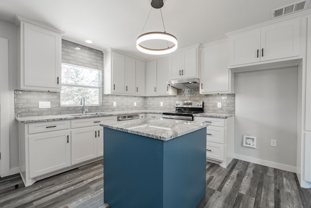 kitchen with appliances with stainless steel finishes, white cabinets, a kitchen island, and sink