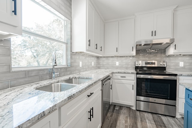 kitchen with tasteful backsplash, hardwood / wood-style floors, white cabinetry, sink, and stainless steel appliances