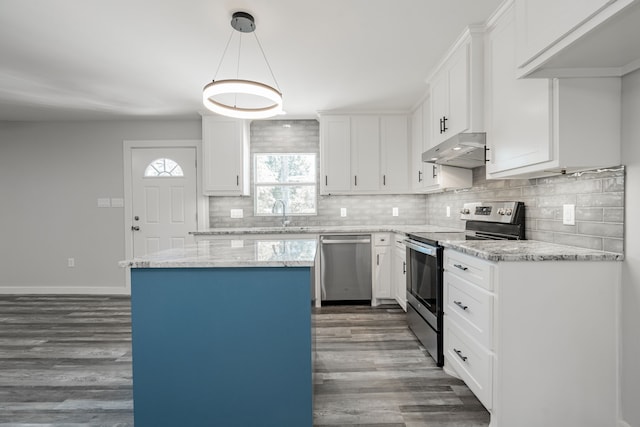 kitchen with stainless steel appliances, decorative backsplash, wood-type flooring, and hanging light fixtures