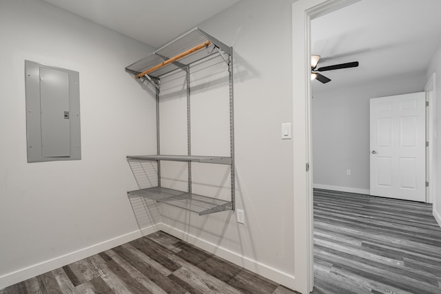 walk in closet with hardwood / wood-style floors, ceiling fan, and electric panel