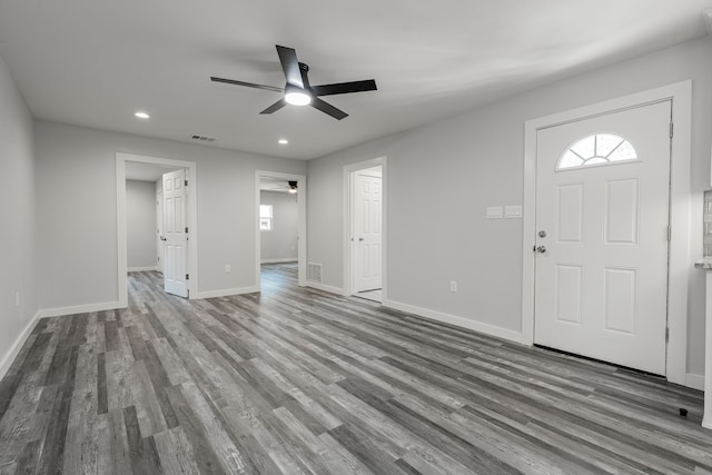 entrance foyer featuring hardwood / wood-style floors and ceiling fan