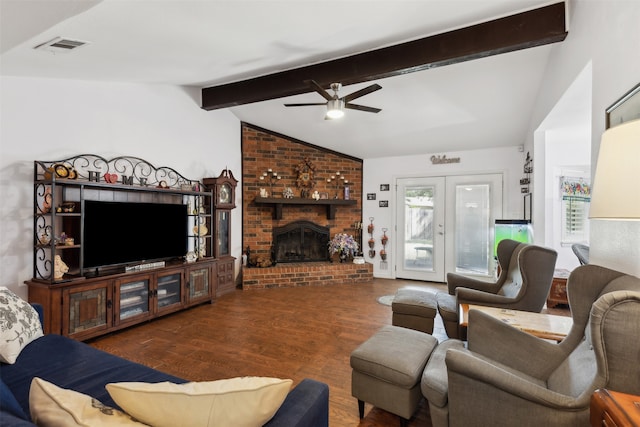 living room with a fireplace, dark wood-type flooring, french doors, lofted ceiling with beams, and ceiling fan