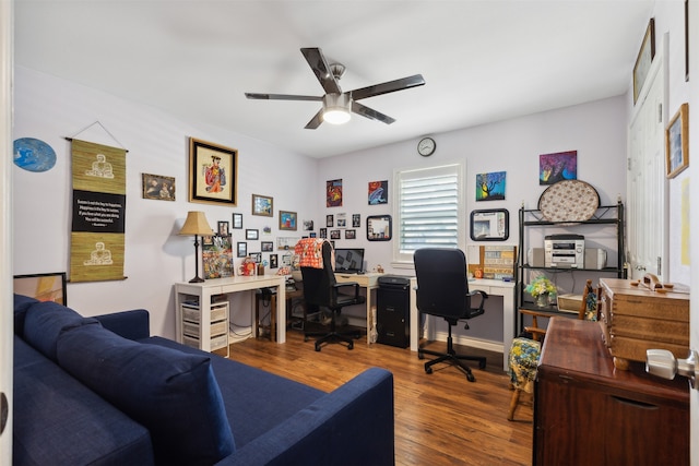 office area with ceiling fan and wood-type flooring