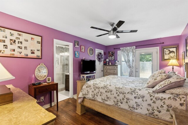 bedroom with ceiling fan, connected bathroom, access to outside, and hardwood / wood-style floors