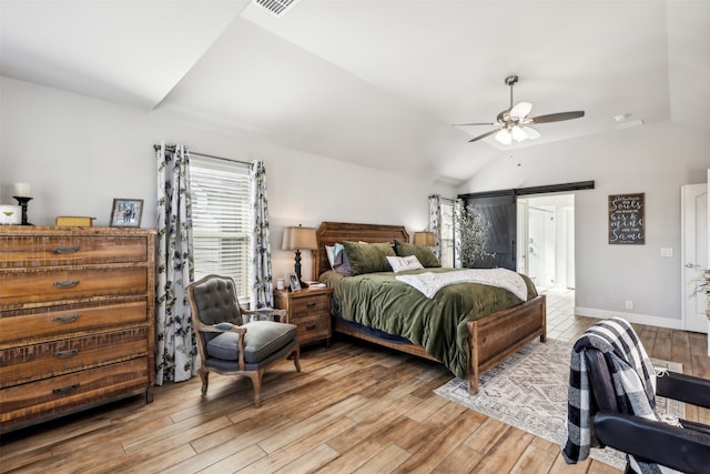 bedroom featuring vaulted ceiling, light wood-type flooring, and ceiling fan