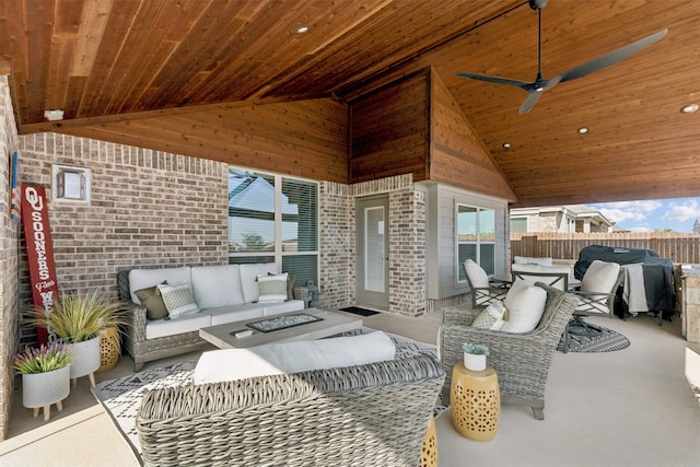 view of patio / terrace featuring ceiling fan, outdoor lounge area, and grilling area