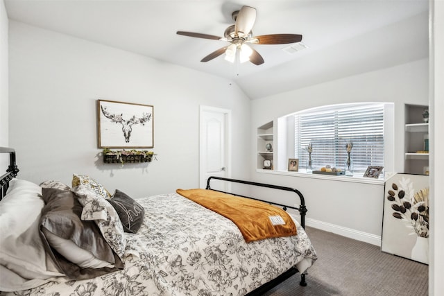 carpeted bedroom featuring ceiling fan and lofted ceiling