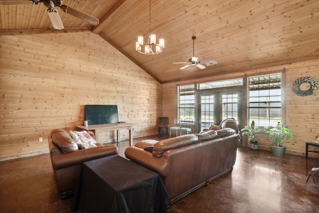 living room featuring a wealth of natural light, ceiling fan with notable chandelier, and wood ceiling