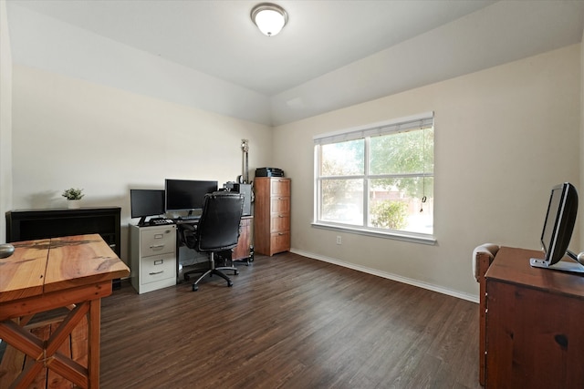 office space with lofted ceiling and dark hardwood / wood-style floors