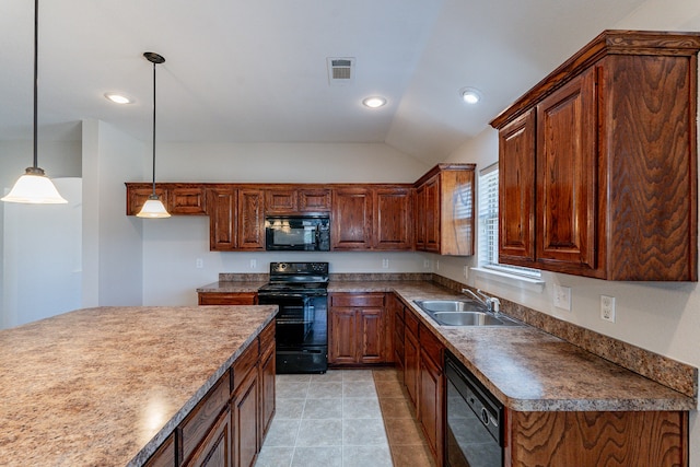 kitchen with sink, black appliances, vaulted ceiling, light tile patterned flooring, and hanging light fixtures