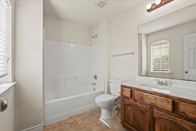 bathroom featuring bathing tub / shower combination, visible vents, toilet, vanity, and tile patterned floors