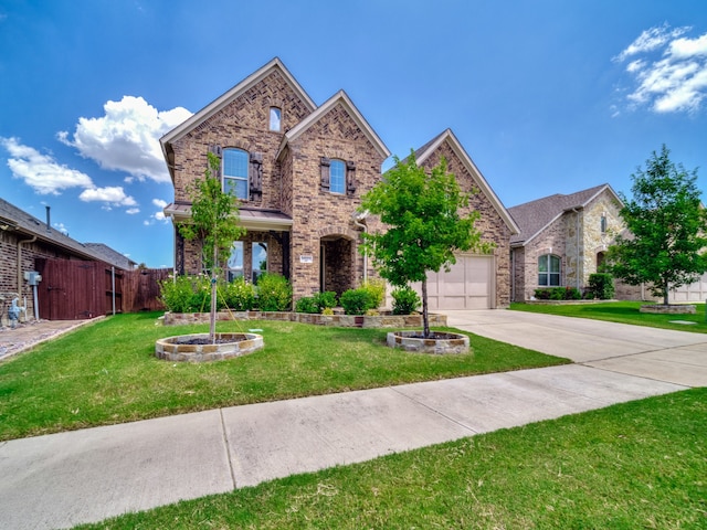 view of front of property with a front yard and a garage