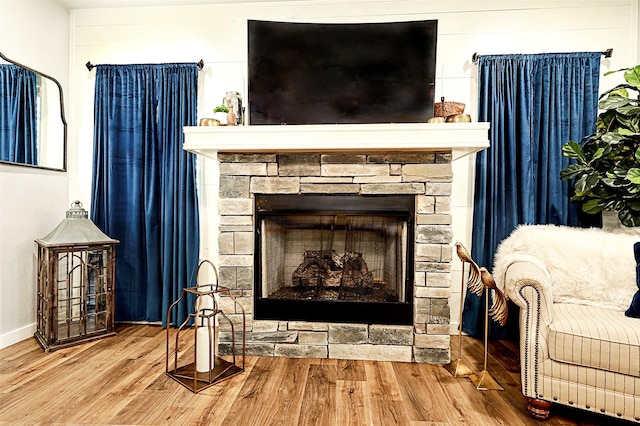 details with a stone fireplace, baseboards, and wood finished floors