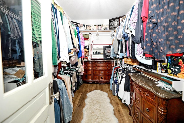 walk in closet with wood finished floors