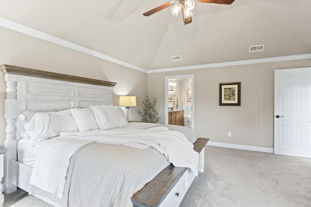 bedroom with visible vents, light carpet, baseboards, and a ceiling fan