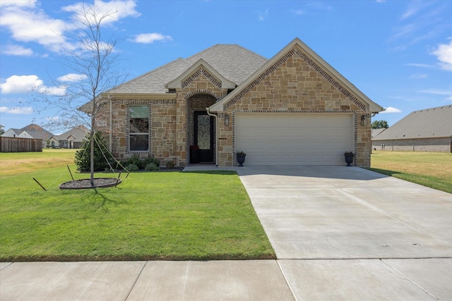 french country home with a front yard, roof with shingles, driveway, stone siding, and an attached garage