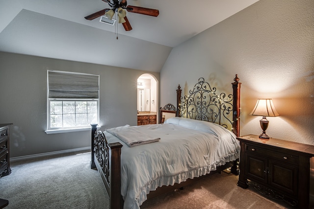 bedroom featuring ceiling fan, carpet floors, and lofted ceiling