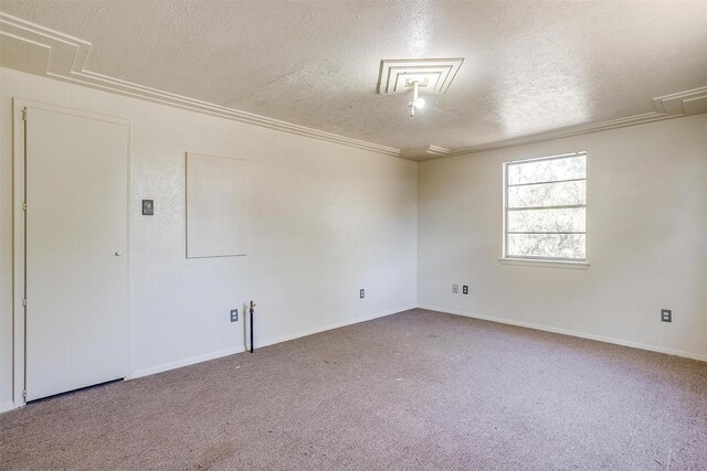 spare room featuring carpet flooring, crown molding, and a textured ceiling