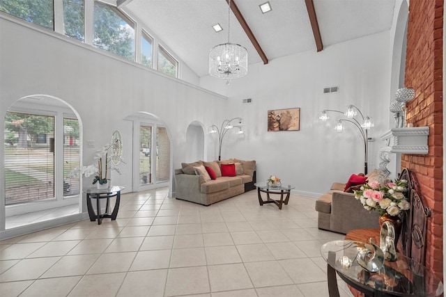 tiled living room featuring high vaulted ceiling, a notable chandelier, a textured ceiling, and beamed ceiling