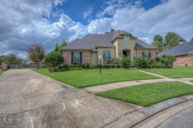 french country style house with a front lawn