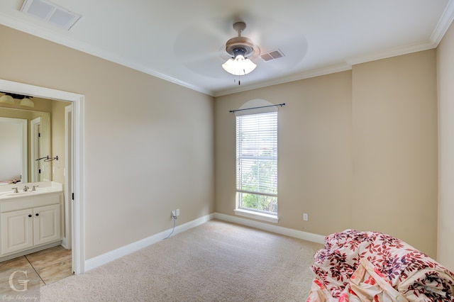 unfurnished room featuring crown molding, light carpet, ceiling fan, and sink