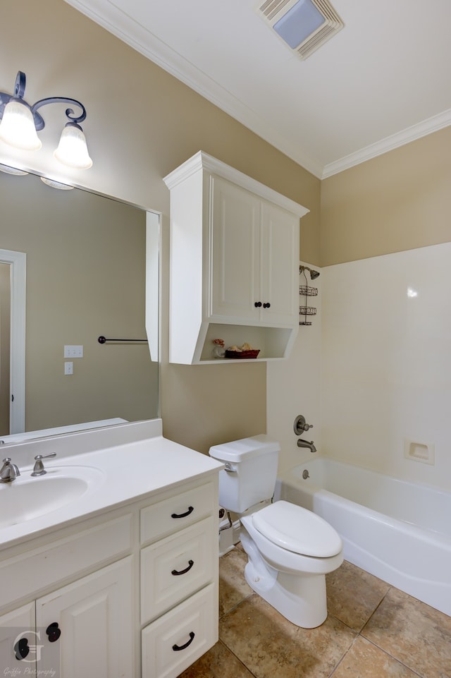 full bathroom with shower / tub combination, crown molding, vanity, and toilet