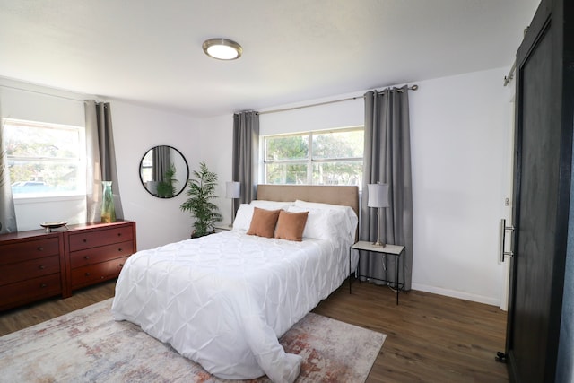 bedroom featuring dark hardwood / wood-style floors and multiple windows