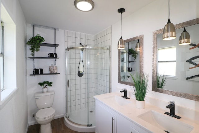 bathroom with hardwood / wood-style floors, vanity, toilet, and walk in shower