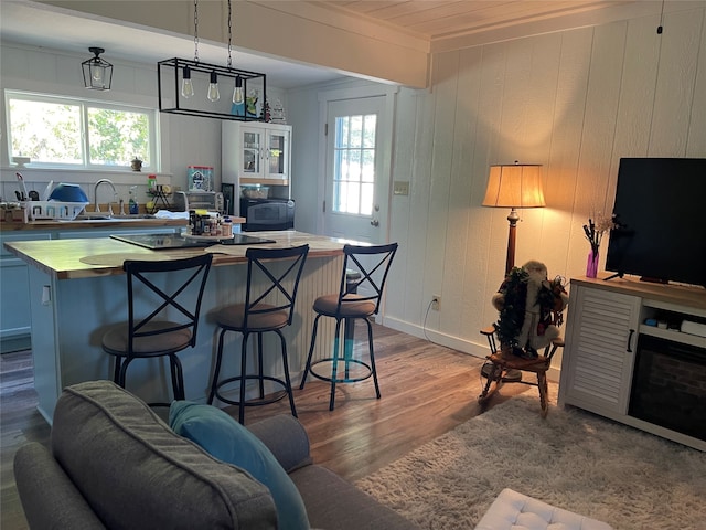 kitchen featuring sink, hardwood / wood-style floors, and ornamental molding