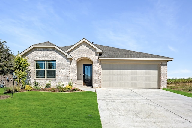 view of front of property with a garage and a front yard